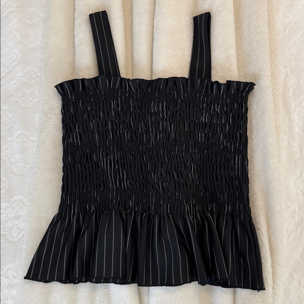 Alpha & Omega Smocked Peplum Square Neck Tank Top Blouse Black & White Stripes - Picture 2 of 5